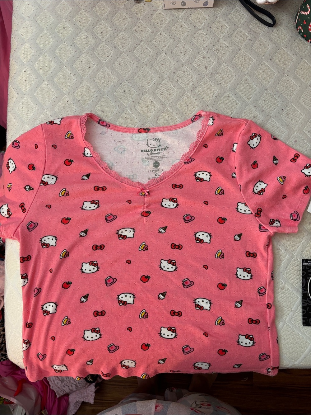 Hello Kitty Pink Short Sleeve V-Neck Tee with Character Print